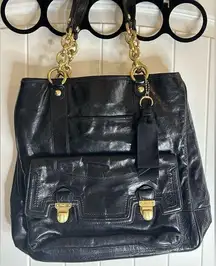 Coach  Poppy Camelia 17924 Black Leather Tote Shoulder Bag Purse Brass Push Locks