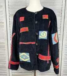 Buttons ALLURE Vintage Chenille Jacket Toggle  Black w Colorful Patches-Large