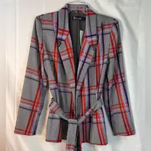 7th Avenue Blazer Jacket Gray Purple Red‎ Plaid Notch Lapel Belted Size 4