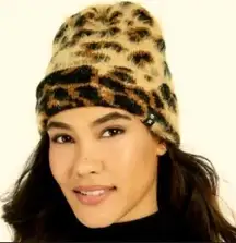 DKNY Fuzzy Leopard Animal Print Beanie Brown Black