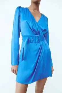 New with tags Blue  Satin Effects Belted dress.