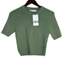 NWT Zara Short Sleeve Cropped Ribbed Knit Sweater Crew Neck Large Sage Green