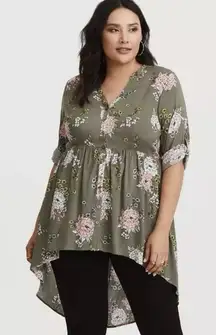 Torrid Lexie Olive Floral Babydoll Challis Button 3/4 Sleeve Tunic Size 2X‎