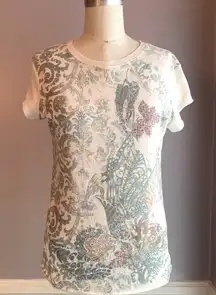 Calvin Klein cap sleeve T-shirt distressed edges cream, green, gold foil accents