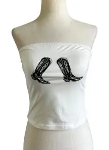 Shein White Cowgirl Cowboy Boots Strapless Tank Top Women's Size Small | 10-8