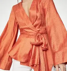 BCBGMAXAZRIA Dotted Satin Wrap ASYMMETRIC BLOUSE Top Long Sleeve Orange S NEW