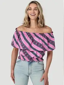 Wrangler WOMEN'S  CANDY STRIPE OFF-SHOULDER TOP IN PINK size medium