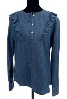 1901 Womens Chambray‎ Ruffled Long Sleeve Blouse Blue Size Small
