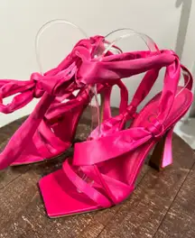 Ego Hot Pink Satin Square Toe Wrap Around Heels Women's Size 6 UK = US 8