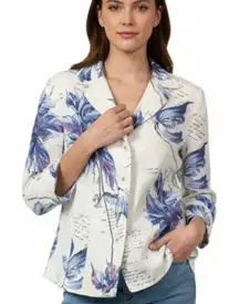 Emma James Off-White Floral Collared Button Front 3/4 Sleeve Linen Blazer Jacket