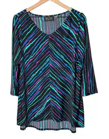 Bob Mackie Wearable Art Top‎ Black Blue Purple Abstract Striped Print Maximalist