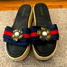 VENUS Women’s Navy & Red Stripe Floral Detail Slide Platform Espadrille Sandals