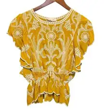 Solitaire WomenTop M Yellow Embroidered Floral Boho Cottagecore Fairy Festival