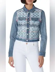 Ramy Brook Murray Embellished Tweed Denim Jacket Metallic Patchwork Pattern sz L