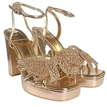Jeffrey Campbell Platform Sandal Gold Metallic Fantasies Rhinestone Bow Size 8