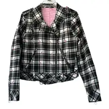 BlackMilk Tartan Heart Moto Jack Women's Size 12 Black Pink Plaid Biker NEW