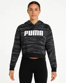 PUMA Hoodie Womens Gray Black Camo Cropped Graphic Pullover Streetwear Active