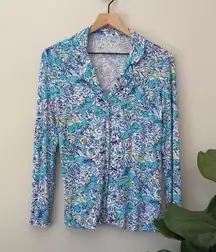Lilly Pulitzer Button Down Pajama Top Collared Monkey Pattern Preppy Long Sleeve