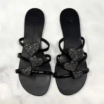Giuseppe Zanotti Anya Swarovski Crystal Heart Slide Mule Flat Sandals Black 37.5