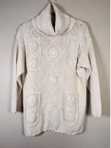 Vtg Colleens Collectables Ivory Chunky Knit Turtleneck Sweater Tunic Dress