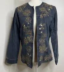 Chico’s Embroidered Sequin Open Front Jean Jacket Size 1 Chico (Med 8) Floral