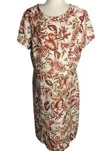 Shelby Palmer Midi Sheath Dress 16 White Floral Leaves Short Sleeves Buttons Zip