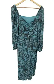 Ava & Viv Dress Women 1X Blue Grey Marbled Print Long Sleeve V-Neck Ruched Maxi