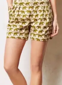 Anthropologie Cartonnier Women's Shorts Elephant Print Beige Olive Green Size 4