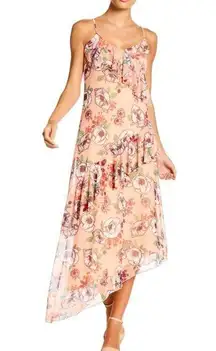 Hiatus Assymetric Ruffle Floral Print Mesh Maxi