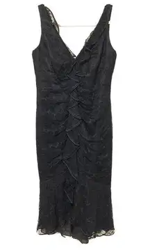 Carmen Marc Valvo Size 6 Black Silk Lace Overlay Ruffle Sleeveless Midi Dress