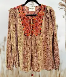 Savanna Jane Bright Long Sleeve Boho Top with Embroidery Design and Tassel