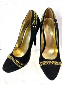 Shoe Dazzle 6.5 Platform Faux Suede Black Stiletto Heels with Gold Chain Accents
