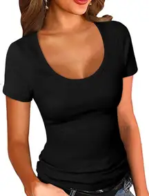 NEW Scoop Neck Ribbed Fitted Shirt Basic Short Sleeve T Shirt Top S