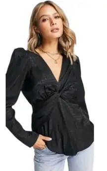 NWT River‎ Island London Black Jacquard Twist Front Top Shirt Size US 10
