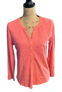 Style & Co Coral Pink 3/4 sleeve tee with embroidered sparkle floral accent
