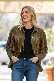 NWT Olive Green Fringe Western Shacket Jacket Boho Festival Cropped Button Up