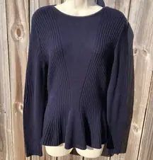 Magaschoni Medium Wool Sweater Pullover Top Peplum Navy Blue Ribbed Long Sleeve