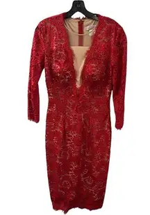 Lace Pattern Red Midi Length Dress Size 2