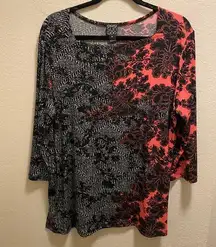 Clara Sun Woo Black & Coral Floral Lace Print Slinky Jersey Knit Tunic Size XL