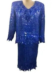 Vintage Stenay Purple Blue Sequin Skirt and Blouse Suit Set Size M