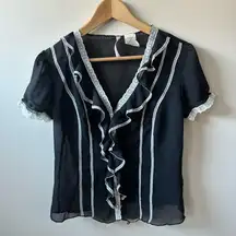 Heart Soul Black Ruffled Blouse with White Lace Trim