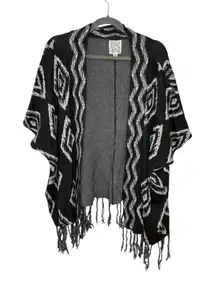 Billabong Black White Aztec Fringe Open Front Boho Kimono Cardigan L Festival