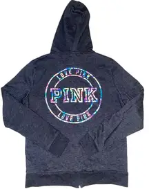 vs pink gray zip up hoodie with tropical print logo