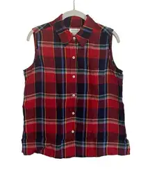 Jones New York  Red Blue Plaid Linen Sleeveless Collar Button Shirt SIZE 8