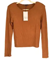 T5 Zara Long Sleeve Top Knit Brown Basic Tee Casual Fitted New Size M