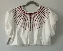 Queen of Sparkles White Puffed Sleeve Red Rhinestone Sunburst Sparkle Top S