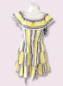 Blue Island Off the Shoulder Tiered Mini Dress Pink Yellow White Size L NWT