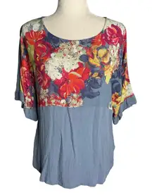 DG2 Diane Gilman Dolman Sleeve T Shirt Blouse XS Blue Floral Short Sleeve HSN