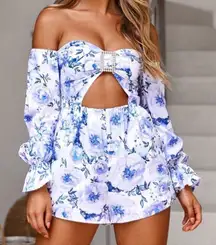 White Fox Boutique Floral Off-Shoulder Jumpsuit - Blue and White