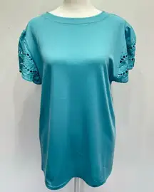 Jasmine Lace Top Teal Flutter Lace Cap Sleeve Knit Crewneck Top by Claudia G